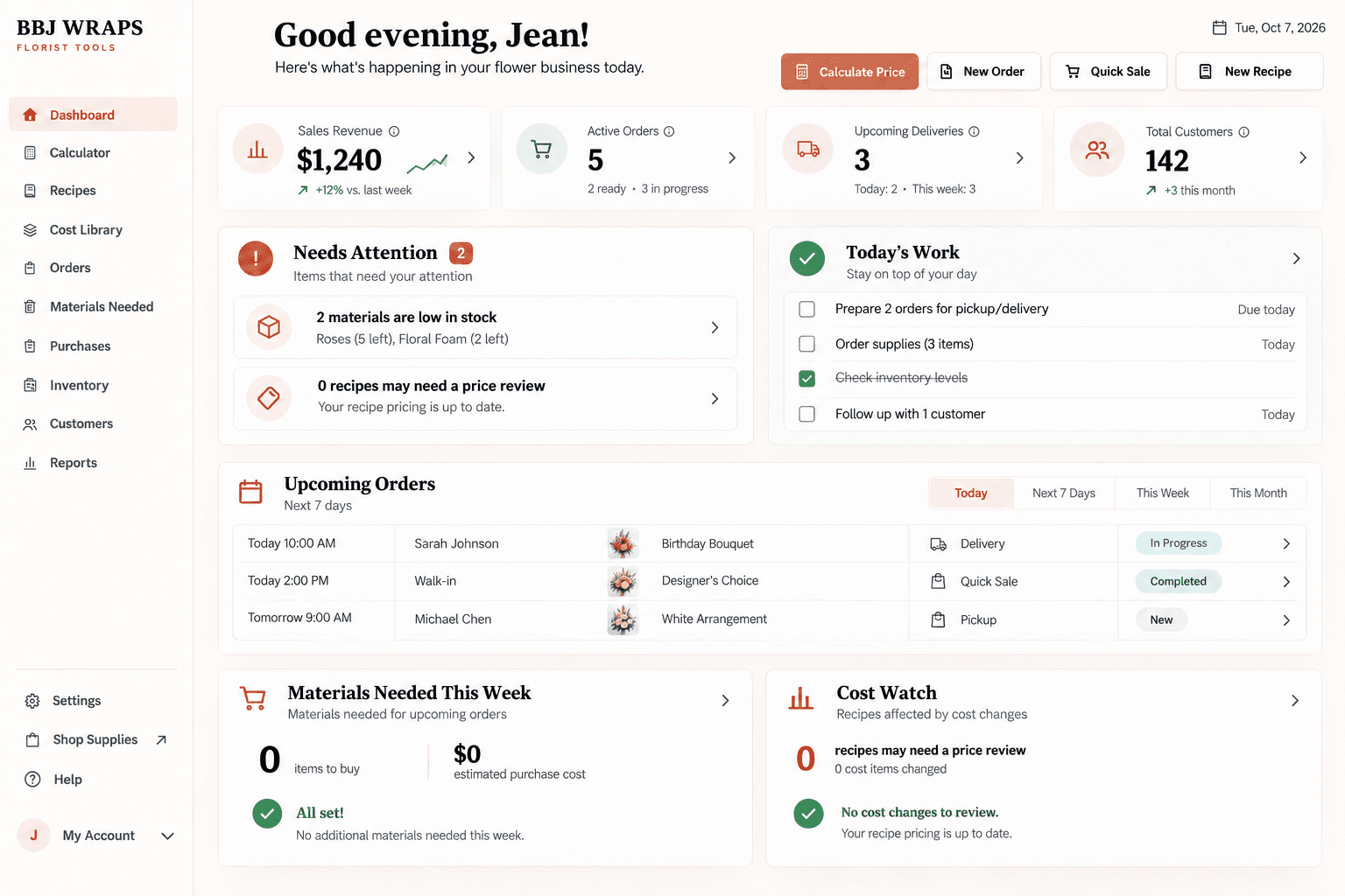 BBJ WRAPS Florist Tools dashboard overview