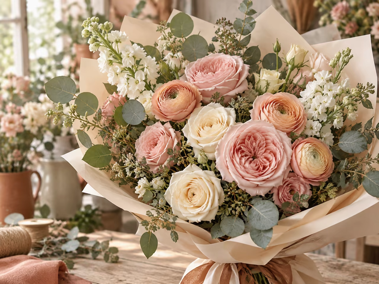 Blush, peach, and cream bouquet in a florist studio